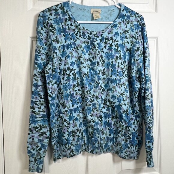 L.L. Bean 100% Cotton Blue Floral Button-Up Cardigan Size L - Picture 1 of 4